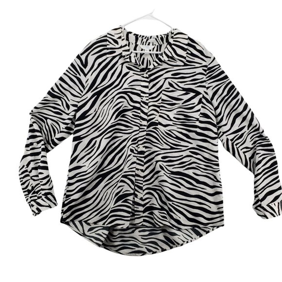 TIME AND TRU Shirt Women's Long Roll-Tab Sleeves Zebra Pattern White Black 2XL - Picture 1 of 12